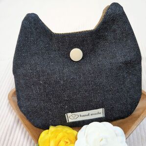 ハンドメイド ポーチ ミニポーチ マルチケース 小物入れ カードケース 猫 猫型ポーチ ブラウン デニム