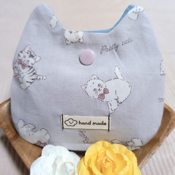 ハンドメイド ポーチ ミニポーチ マルチケース 小物入れ カードケース 猫 猫型ポーチ パープル デニム