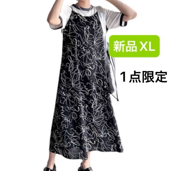 新品 キャミワンピース ブラック 薄手 XL 韓国風 ゆったり 大きいサイズ 花柄 薄手
