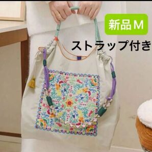 新品 レディース ボールアンドチェーン エコバッグ M 刺繍 ライトグレー 花柄 ストラップ付き