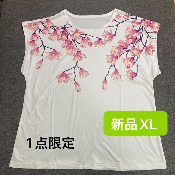 新品 レディース 半袖Tシャツ トップス ホワイト×ピンク 花柄 薄手 XL 韓国風 ゆったり ボタニカル