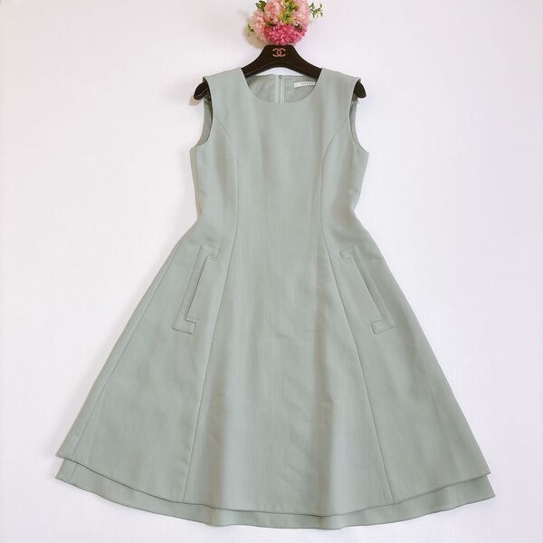 美品☆フォクシー フレア Dress ワンピース レイヤード ミント 38 FOXEY ノースリーブ
