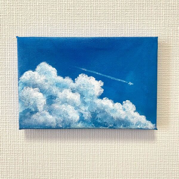 絵画 空と雲と飛行機雲 アクリル画