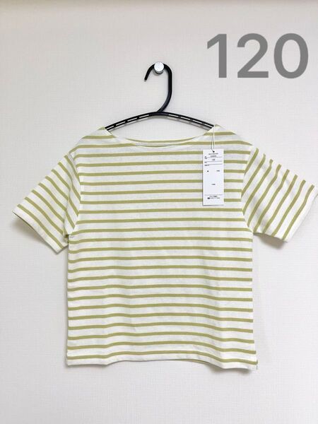 新品 綿100% ボーダーTシャツ 120 ベルメゾン 白・黄緑 カットソー