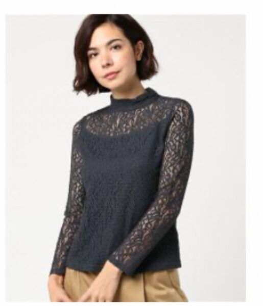マウジー moussy カットソー 長袖 ハイネック レース 透け感 F 紺 ネイビー /レディース