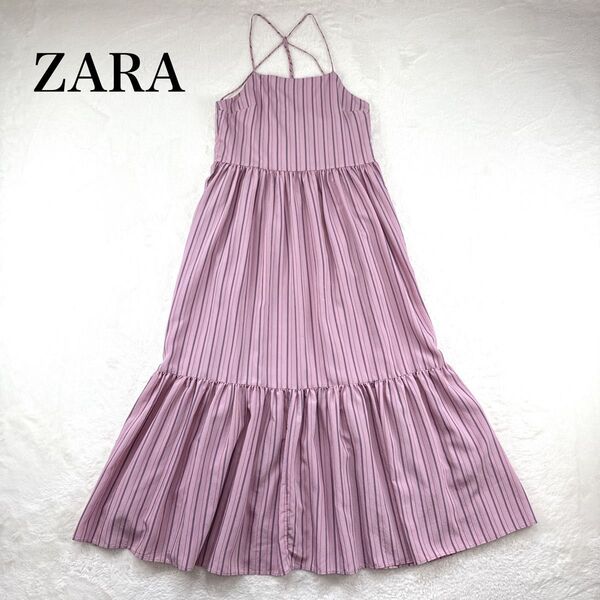 ZARA ザラロング キャミワンピースピンク ストライプ 裾フリルリゾート USA(M)