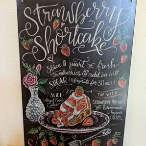 【新品】ブリキ看板 アート 黒板風 チョークアート風 イチゴケーキ ナチュラル