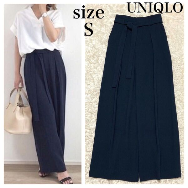 UNIQLO ユニクロ ハイウエストリボンワイドパンツ ネイビー Sサイズ