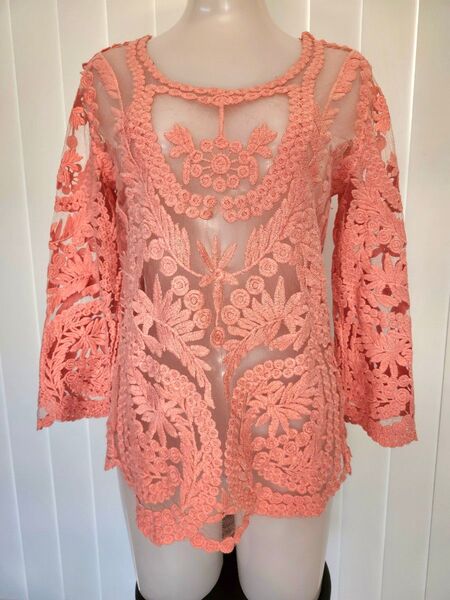 レースカットソー レースブラウス サーモンピンク シースルーカットソー シースルーブラウス M 美品