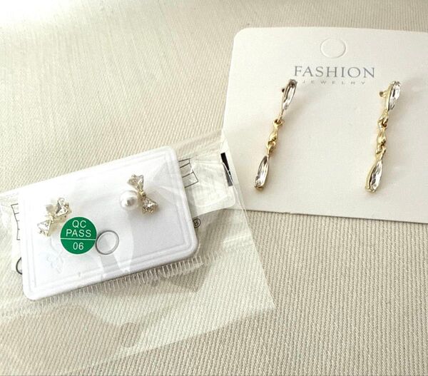 2個セット ピアスセット ロングピアス パールピアス リボンモチーフ ゴールド