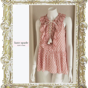 送料無料◆即決★定価24,840円 新品★KATE SPADE◆ケイトスペード ピンク レースアップフリルノースリーブシャツブラウス S (日本M)/バッグ