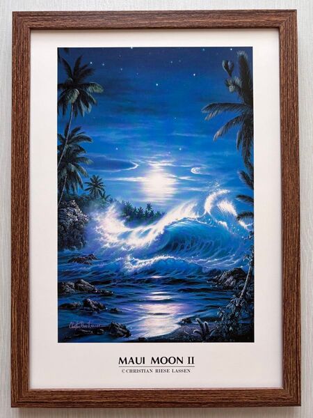クリスチャン・ラッセン『 MAUI MOON Ⅱ 』A4 ブラウン簡易額入り マウイムーン2 海 波 マウイ 月夜 新品