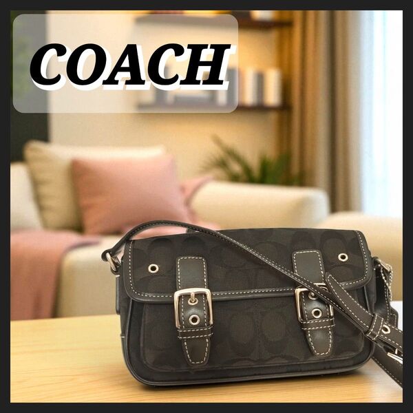 COACH コーチ ショルダーバッグ ポシェット シグネチャー キャンバス レザー 斜め掛け クロスボディ ブラック
