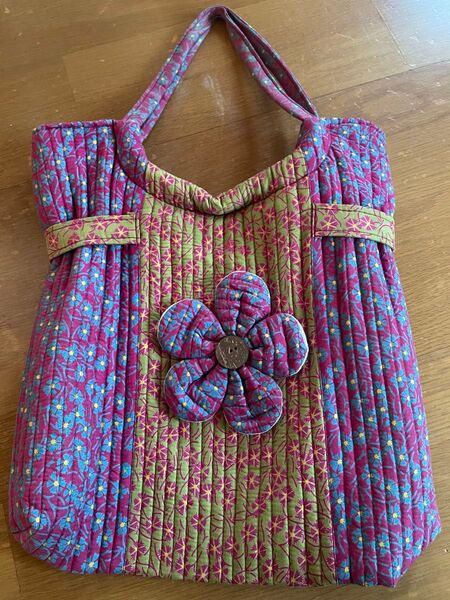 ハンドメイド キルティングバッグ 花柄 ストライプ トートバッグ