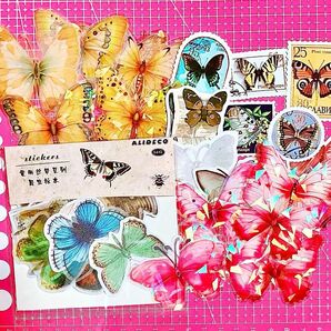 ALIDECO フレークシール 蝶々 昆虫標本 +キラキラ蝶々ステッカー2色20枚 &箔押し切手風シール5枚追加☆ 約80枚セット