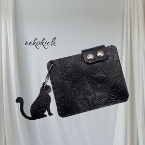 本革 蝶型押し レザー カードケース 名刺ケース コンパクト 札入れ カード入れ 免許証ケース 猫モチーフ プレゼント 黒色 無料