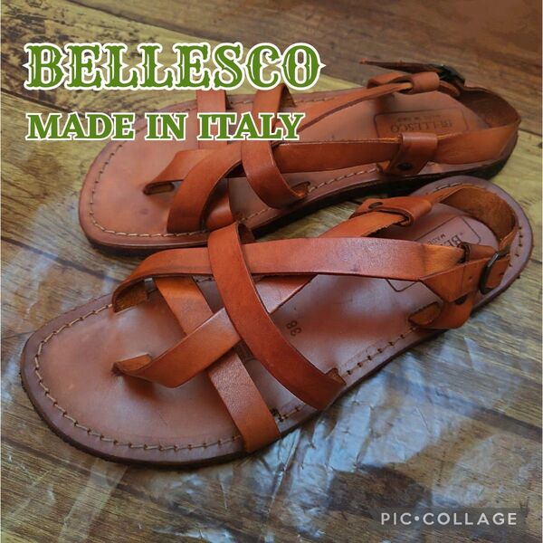 ◆着用1度◆磨きました!【BELLESCO/ベレスコ】ハンドメイドレザーサンダル、サイズ:38/24 cm、レザー、革、皮、ゴム