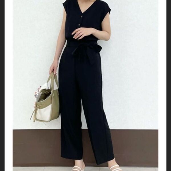 美品 テチチテラス Techichi Terrasse 麻調オールインワン サロペット 黒 M