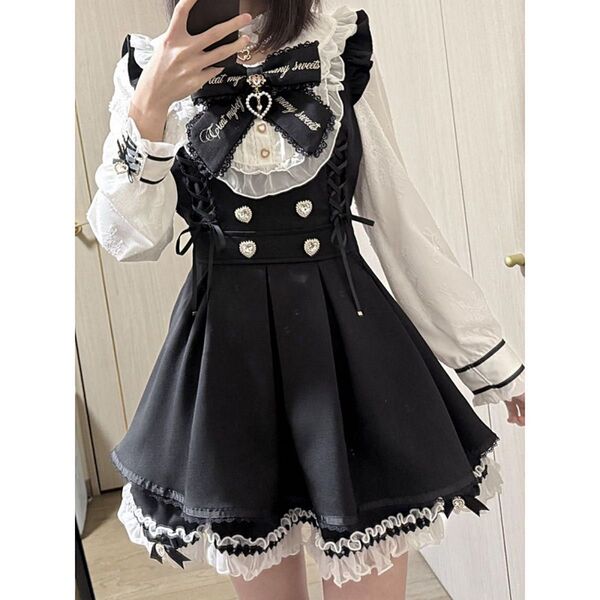 【残り1点】人気★新品 ロリータ セットアップ トップス パンツ リボン ブラック 地雷系 量産型
