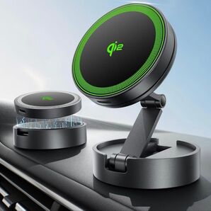 スマホホルダー 車 ワイヤレス充電 マグセーフ クルマ Qi2 充電器 15W急速充電 折りたたみ式 超強力磁石の車載充電ホルダー