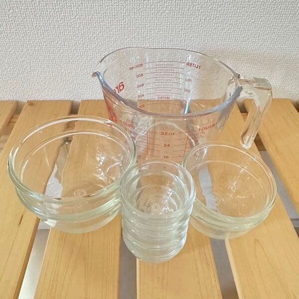 arcuisineガラス製計量カップ 1000ml+透明ガラス製食器9個=10点