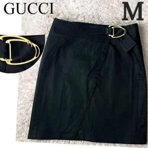 GUCCI グッチ ミニスカート 台形スカート タイトスカート ベルトモチーフ ゴールド金具 黒 ブラック ベルト 38 M