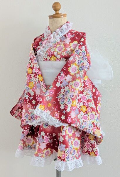 ハンドメイド*着物ドレス*浴衣*桜吹雪*赤*110