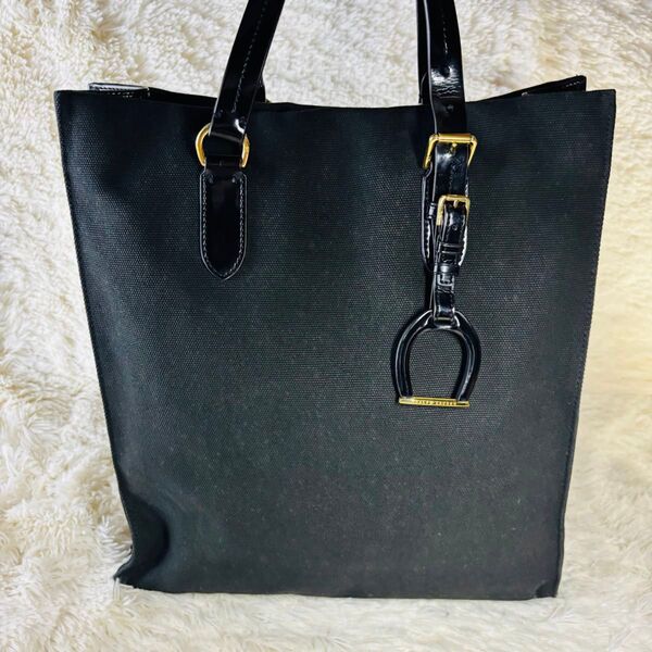 ラルフローレン エナメル トートバッグ 馬蹄チャーム ゴールド金具 キャンバス トートバッグ ブラック 大容量 黒