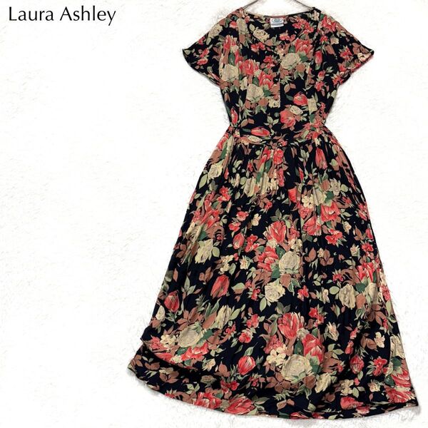 ローラアシュレイ Laura Ashley ヴィンテージフラワー 切り替え ギャザー ワンピース ロング フレア Aライン 花柄