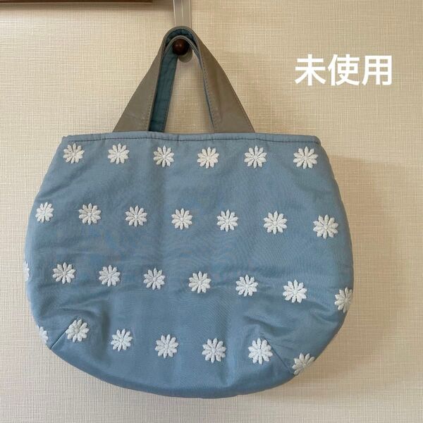 ハンドメイド 花柄刺繍 グラニーバッグ トートバック オーガンジー×麻 ポケット リネン 手提げトートバッグ