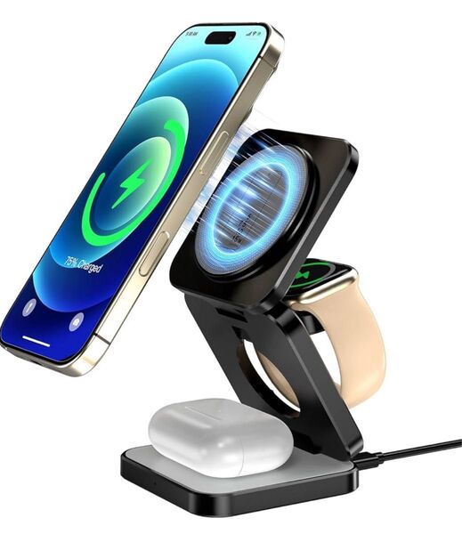 ワイヤレス充電器 3-in-1 マグネット式 折り畳み式 Qi対応 急速充電 軽量 ワイヤレス充電器 Mag-Safe充電器