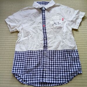 キッズ 半袖シャツ ギンガムチェック 切り替え ロゴ刺繍 ホワイト×ネイビー 140cm
