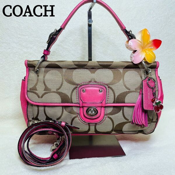 希少★ COACH コーチ ワンショルダーバッグ シグネチャー ハンドバッグ レザー キャンバス ピンク 70周年デザイン