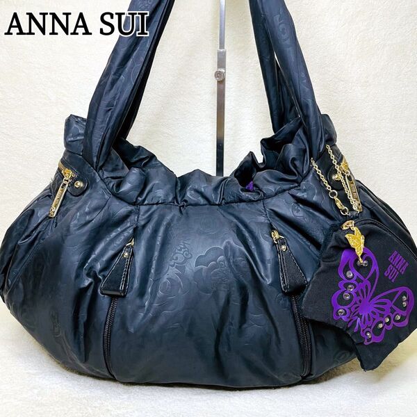 ANNA SUI アナスイ ポーチ付きトートバッグ 肩がけ ナイロン ブラック 黒 パープル 紫 蝶々 ローズ総柄 大容量