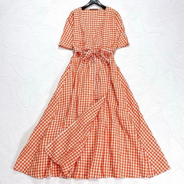 ☆美品☆ツルバイマリコオイカワ リネン ロング ワンピース ギンガムチェック F カシュクール リボンベルト Aライン 手洗い可
