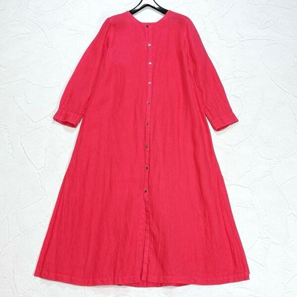 パラスパレス リネン ロング シャツワンピース マキシ丈 羽織り Pallas Palace 前開き 手洗い可 ピンク Aライン