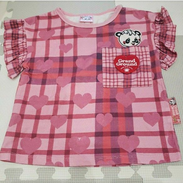 キッズ 110 Tシャツ 半袖 グラグラ 綿100% チェック ピンク リボン