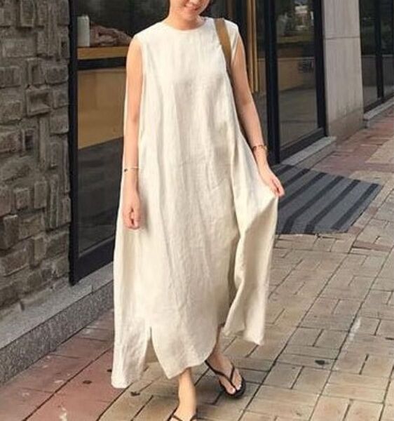 綿麻生地 ロングワンピース ノースリーブワンピース ゆったり シンプル細見え 体型カバー マタニティにも リネン ナチュラル系