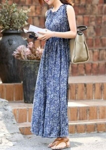Mサイズ程度 ボヘミアンブルー 花柄 小花柄 ロングワンピース 超ロング マキシ丈ワンピース 総柄 フラワー 青 爽やか