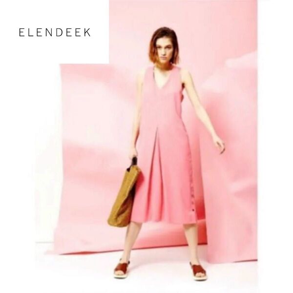 美品 ELENDEEK エレンディーク バックV Vネック ワンピース フロントタック サイドファスナー付き サイドスリット 01