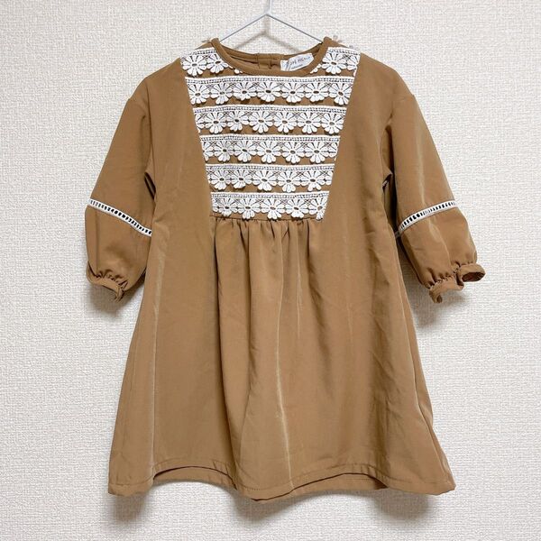 【ロペピクニック】胸元レースワンピース 90 バースデイ 長袖 キャメル ブラウン ベビー キッズ 女の子 ROPE'PICNIC