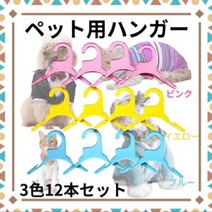 3色12本セット ペット用ハンガー プラスチック ブルー イエロー ピンク 小型犬 猫用 ベビー用 軽量 シンプル 収納 統一感