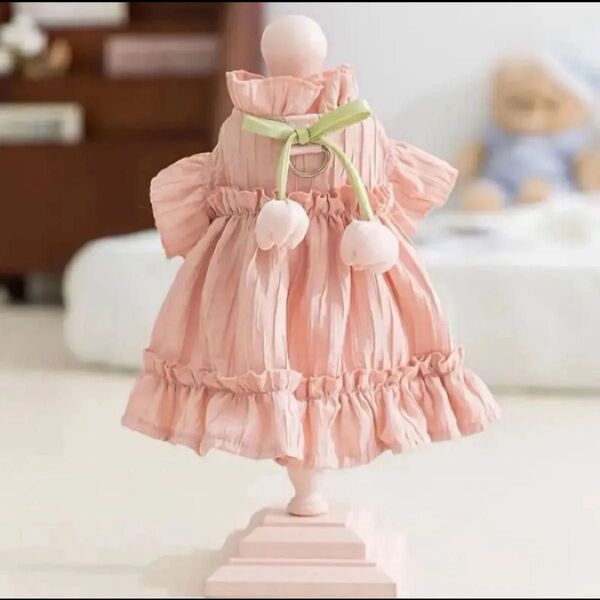 【新品】ペット服 クーリングプリンセスドレス フリルスリーブ 可愛いチューリップアクセサリー 通気性○ 春/夏 ペットウェア