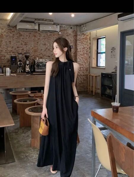 【新品】レディース ノースリーブワンピース ホルターネック リボン ロング丈 ポケット付き 春夏秋 フランス風オフショルダードレス