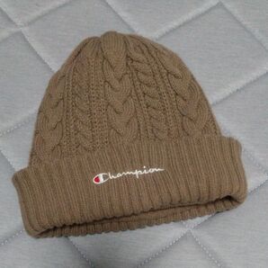 Champion ニット帽 ブラウン ケーブル編み ロゴ