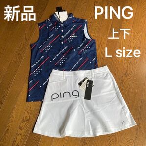 新品 PING GOLF ピンゴルフ レディースウエア フレアスカート ノースリーブポロシャツ セットアップ 春夏 L