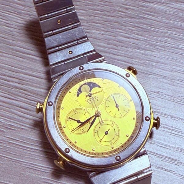 SEIKO(セイコー)クォーツ ムーンフェイズ メンズ腕時計 ゴールド文字盤 ステンレスベルト