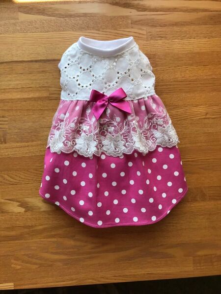 夏 犬服XS ドットピンク&レースワンピース 女の子用 ハンドメイド