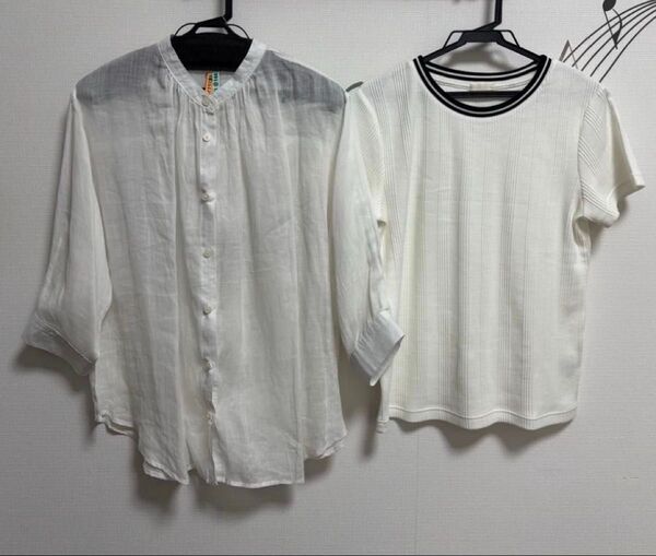 【SEASOW REASON&Lin&red】七分袖シアーブラウス 白M+【GU】リブコンパクトTシャツ 半袖カットソー ホワイト