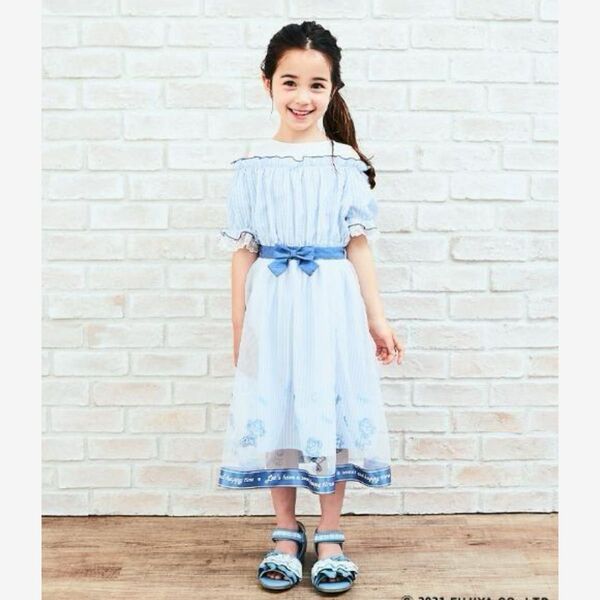 axes femme アクシーズファム ペコ×ストライプ柄肩開きワンピース 140 女の子 キッズ